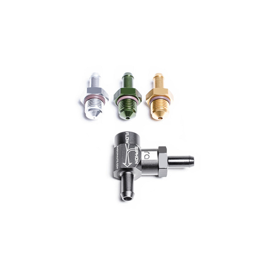 Radium Engineering venturi jet pump kit, black anodised pump body with barbed outlets and three coloured adapter fittings