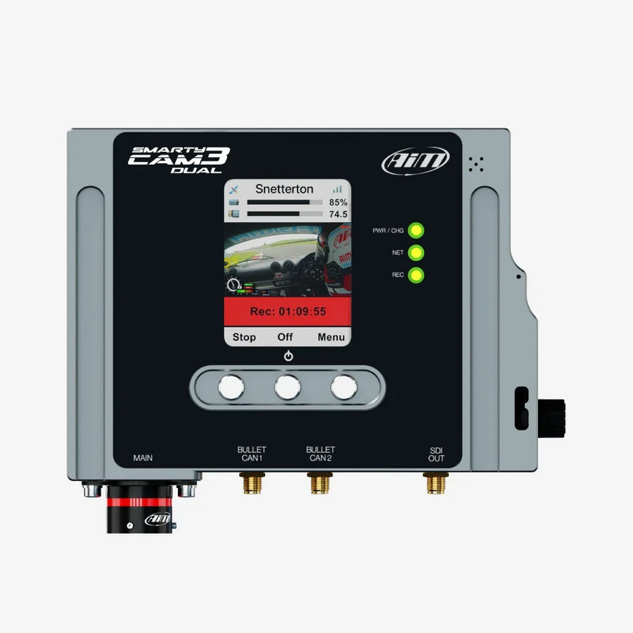 AiM SmartyCam 3 Dual data logger camera system, front view with display and two bullet camera inputs