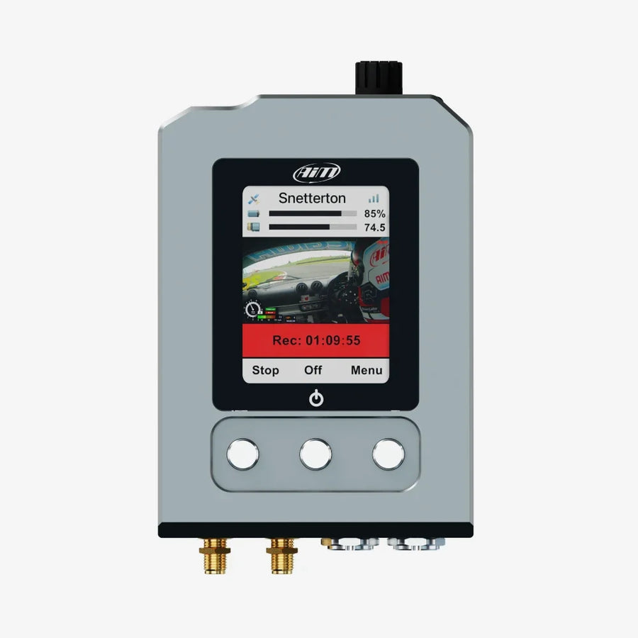 AiM SmartyCam 3 GP onboard camera recorder, front view showing colour display and bullet camera connectors